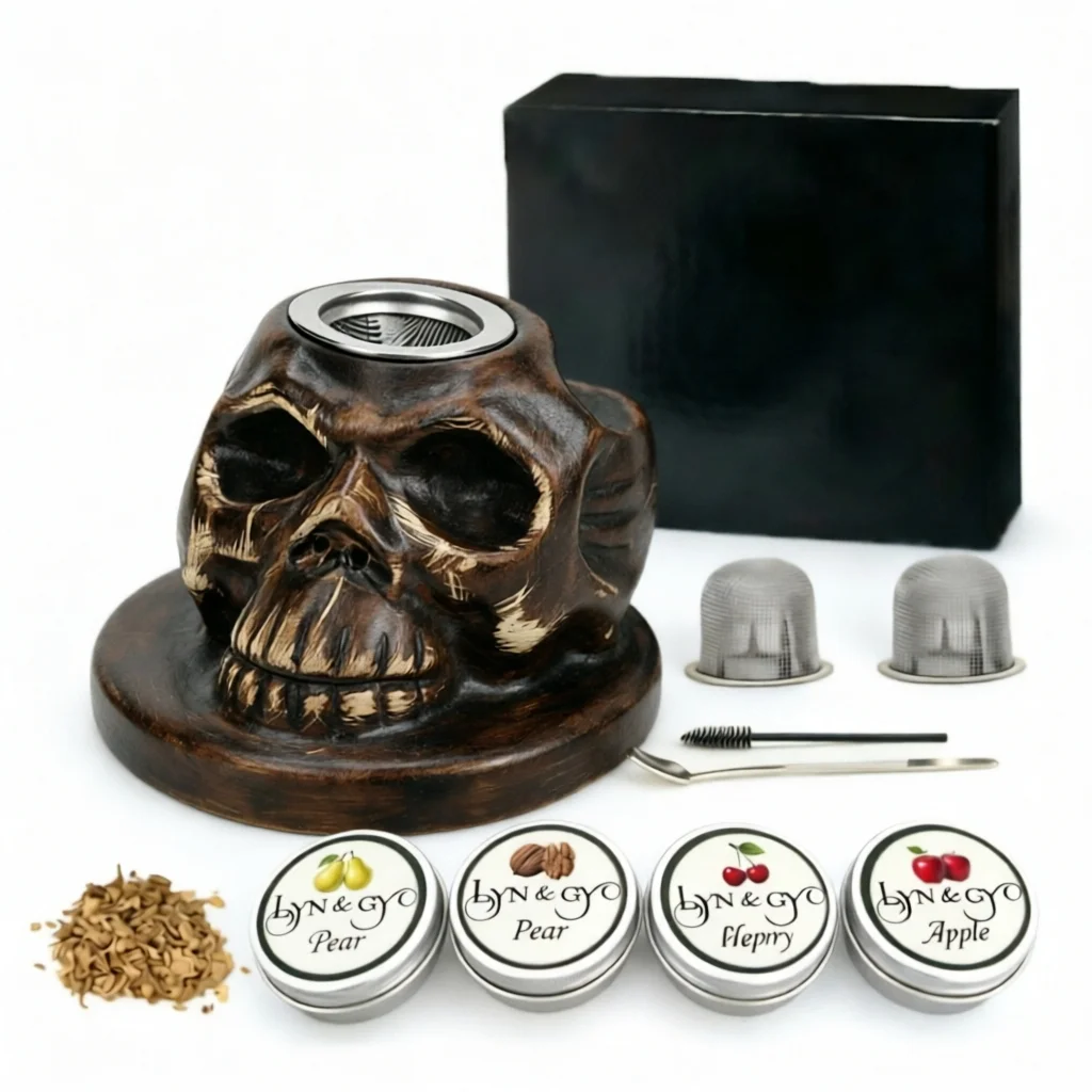 Cocktail Smoker Kit 4 Flavors Bourbon Ceramics Skull Infuser Old Fashioned Drink Smoker Kit Birthday Gifts for Men Dad