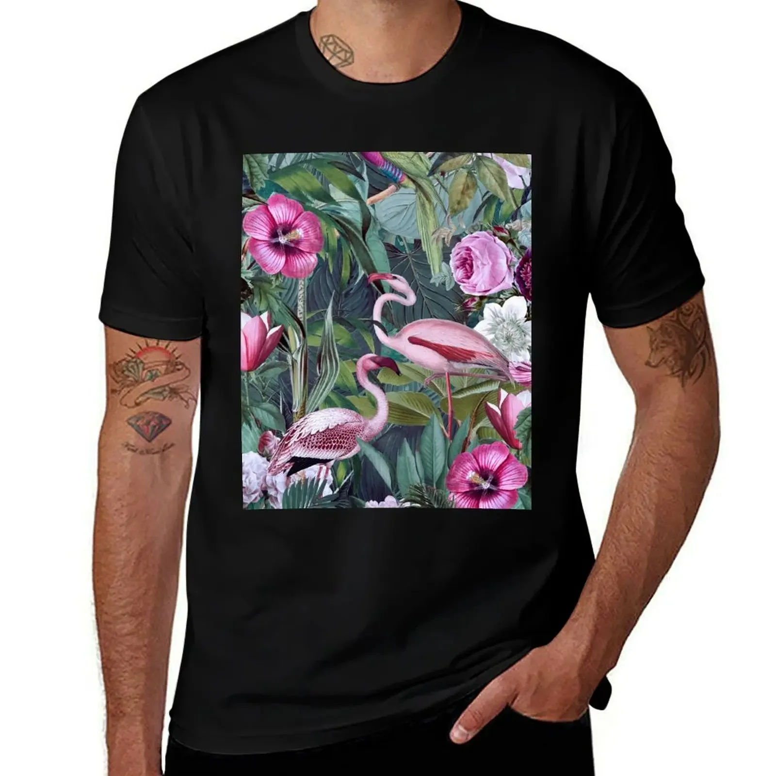 Flamingo Jungle Tropical Paradise With Flowers And Birds T-Shirt blue lock summer shirt plain t shirts men