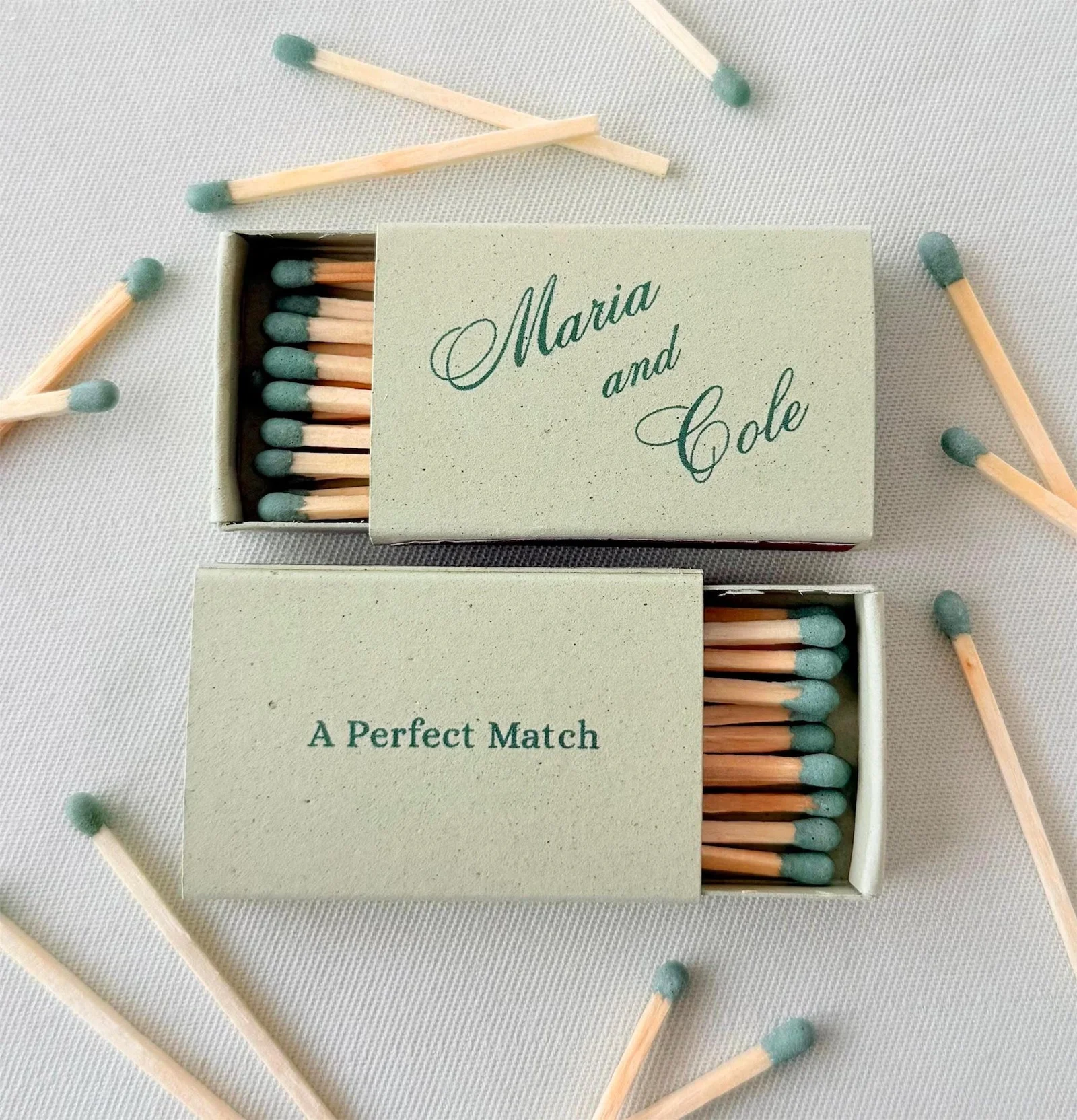 印刷されたマッチ箱、パーソナライズされた結婚式のマッチ箱、手作りのマッチ箱、バルクマッチ箱、セージグリーン色のマッチ箱