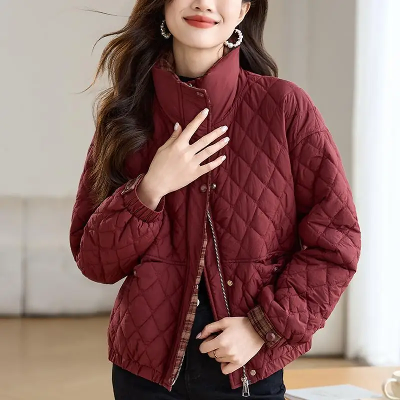 Women's Clothing Fashion Stand-up Collar Diamond Pattern Thin Cotton Coat Autumn Winter Loose Fit Warm Outerwear Cotton Coat