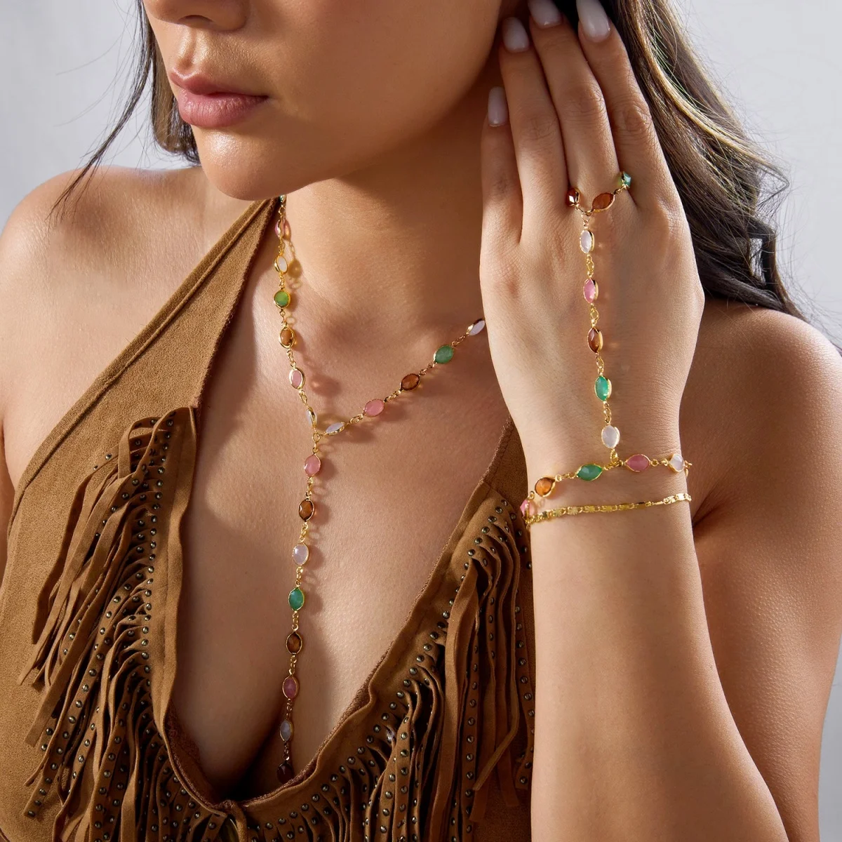 Buntes ovales Harz-Splice-Y-Drop-Halsketten- und Fingerarmband-Set für Frauen, eleganter Vintage-Geometrischer Langer Quasten-Choker-Schmuck – Detail 22