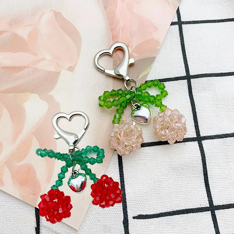 Korean Sweet Crystal Cherry Heart Keychain Fashion Beaded Keyring Girly Bag Pendant Earphone Case Hanging Decoration