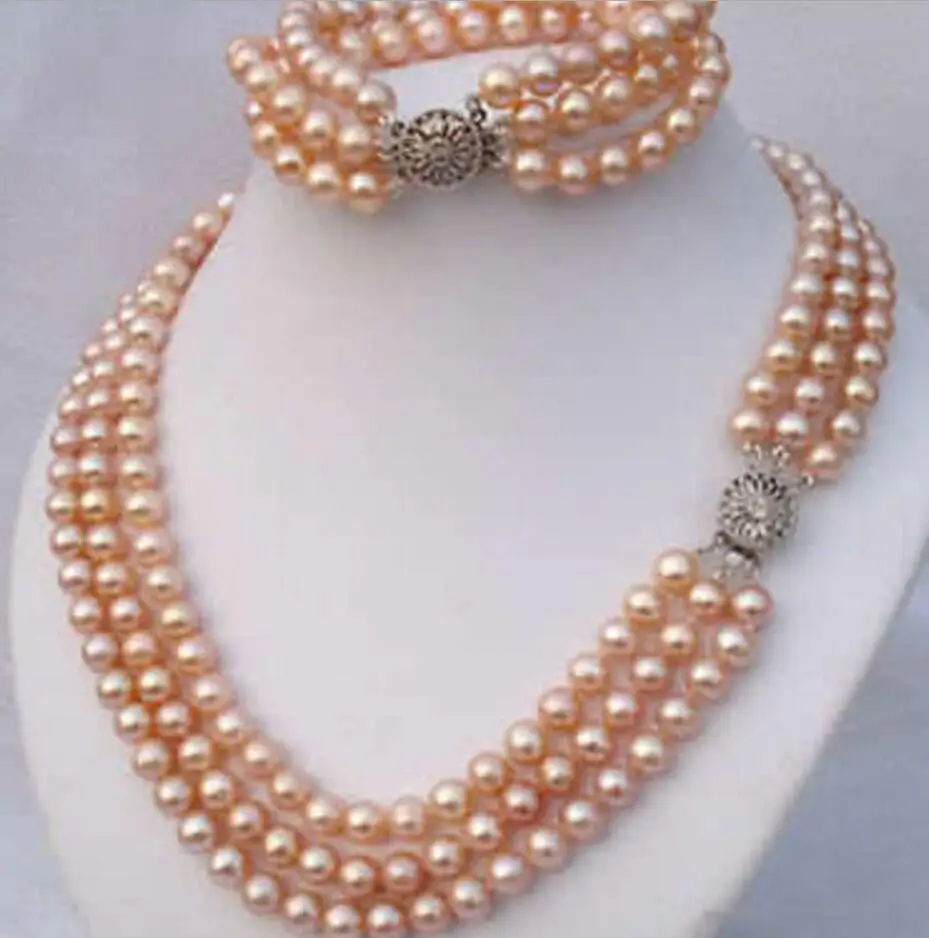 new hot 3Rows 7-8mm Pink Akoya Pearl Necklace Bracelet Set