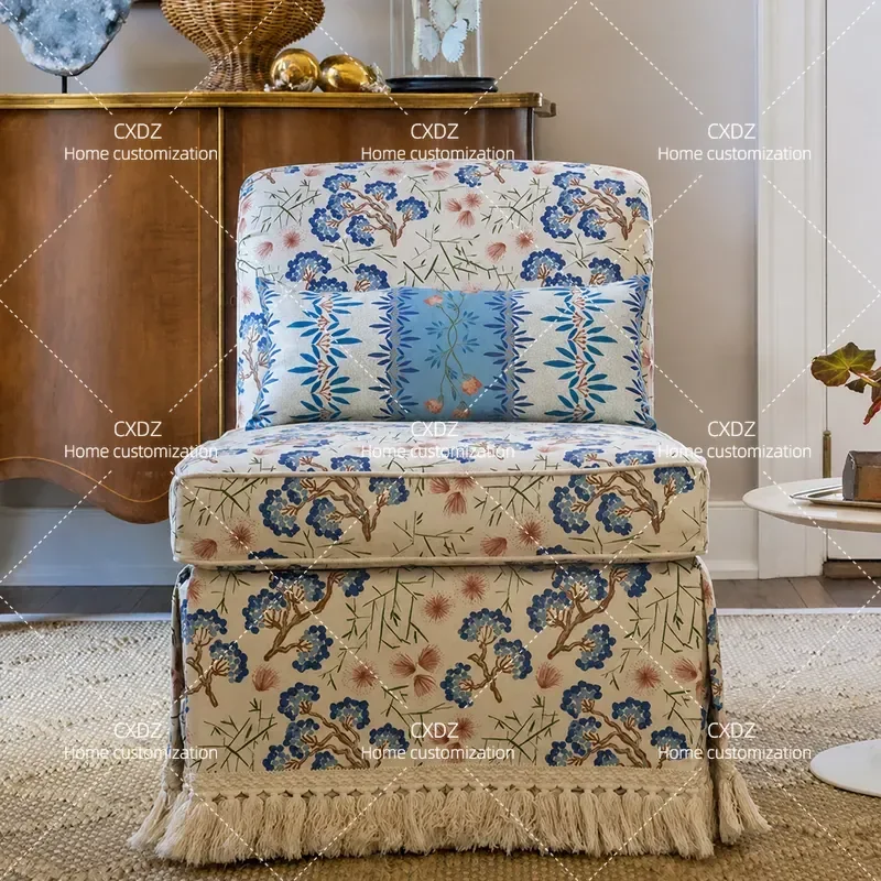 American Pastoral Floral Print Chair Retro Upholstered Armchair Solid Wood Leisure Seat for Small Apartment Living Room