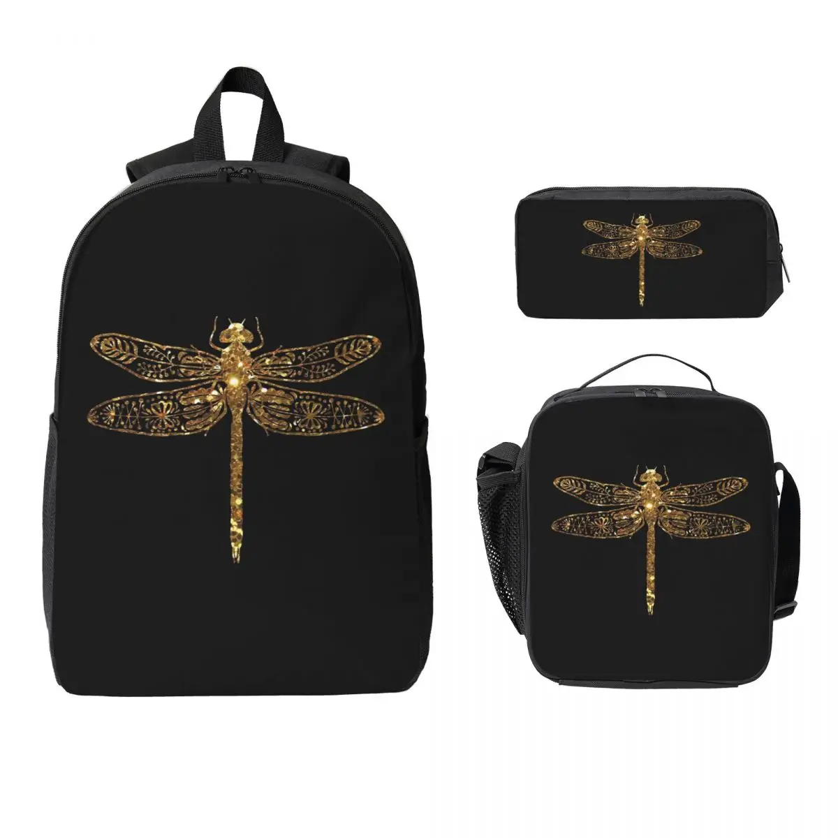 Fancy Gold Glitter Dragonfly Backpack Student BookBag School Bag Laptop Shoulder Bags 3ps Insulated Lunch Bag Pencil Case