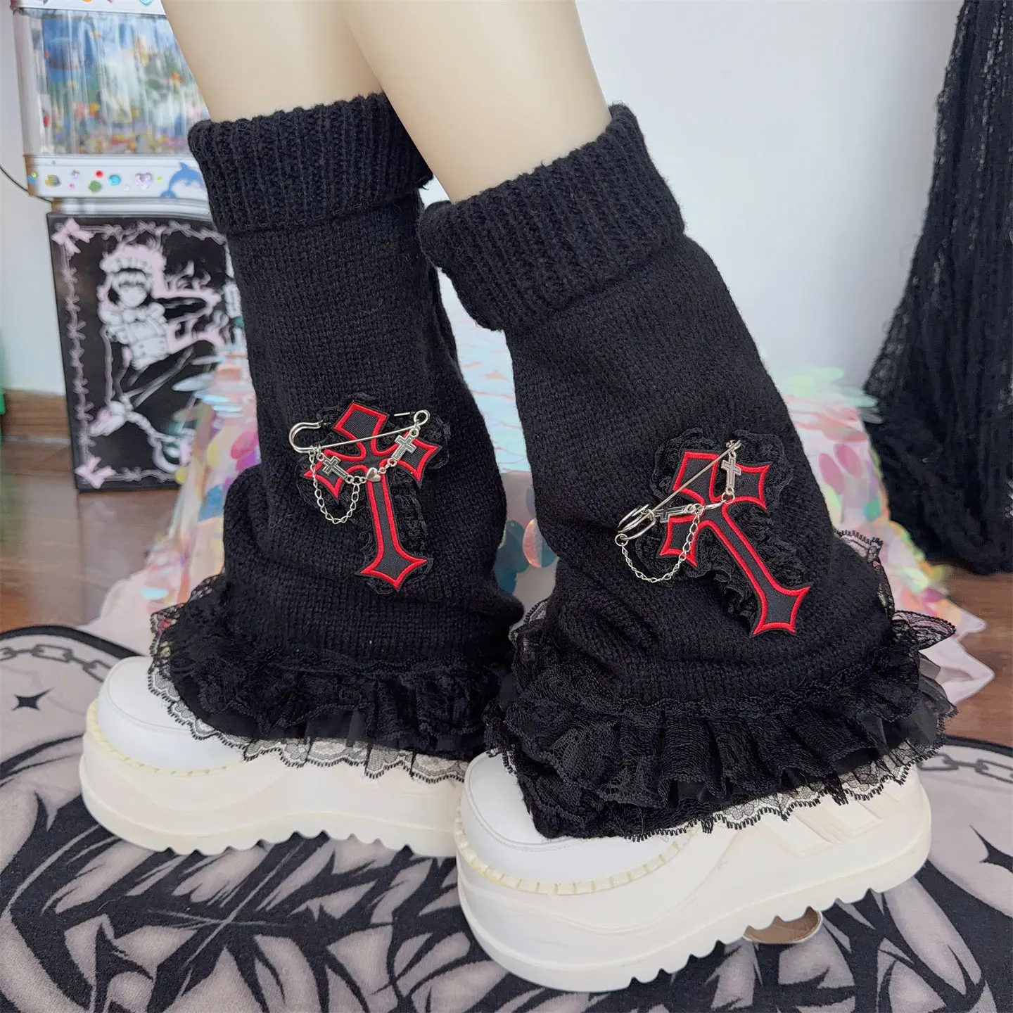 

Вязаные гетры Y2K Gyaru с перекрестными ремешками, белые кружевные, в японском стиле Харадзюку, для женщин, в стиле Лолита, черные, кавайные, длинные носки-гетры JK