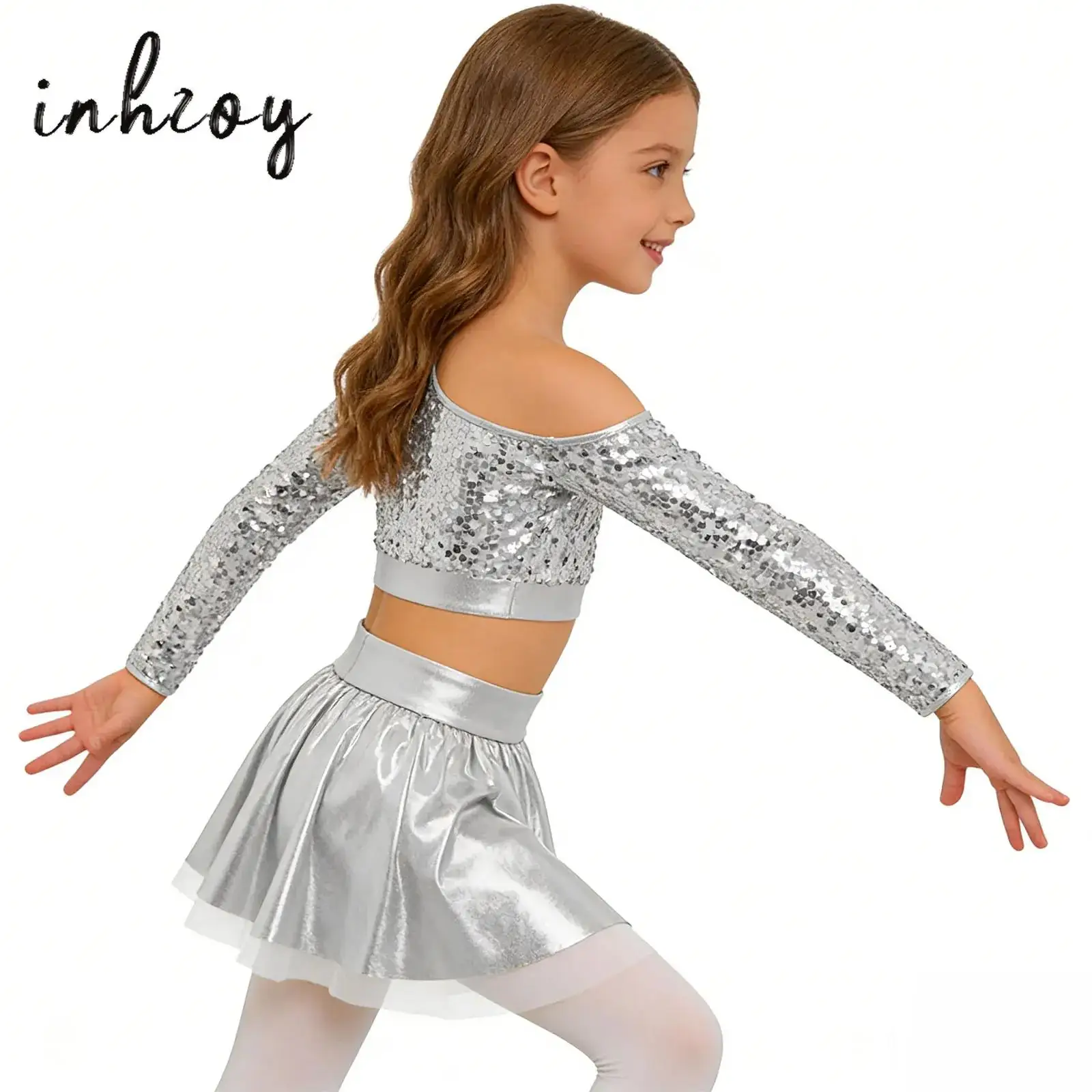 

Kids Girls Latin Jazz Dance Outfit Long Sleeve Sequin Crop Top with Skirts Figure Skating Practice Stage Performance Dancewear