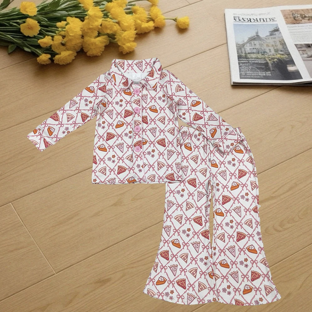 

9.25 Kids Winter Clothes For Girls Baby Girls Bows Flowers Pie Checked Button Top Pant Thanksgiving Pajamas Set
