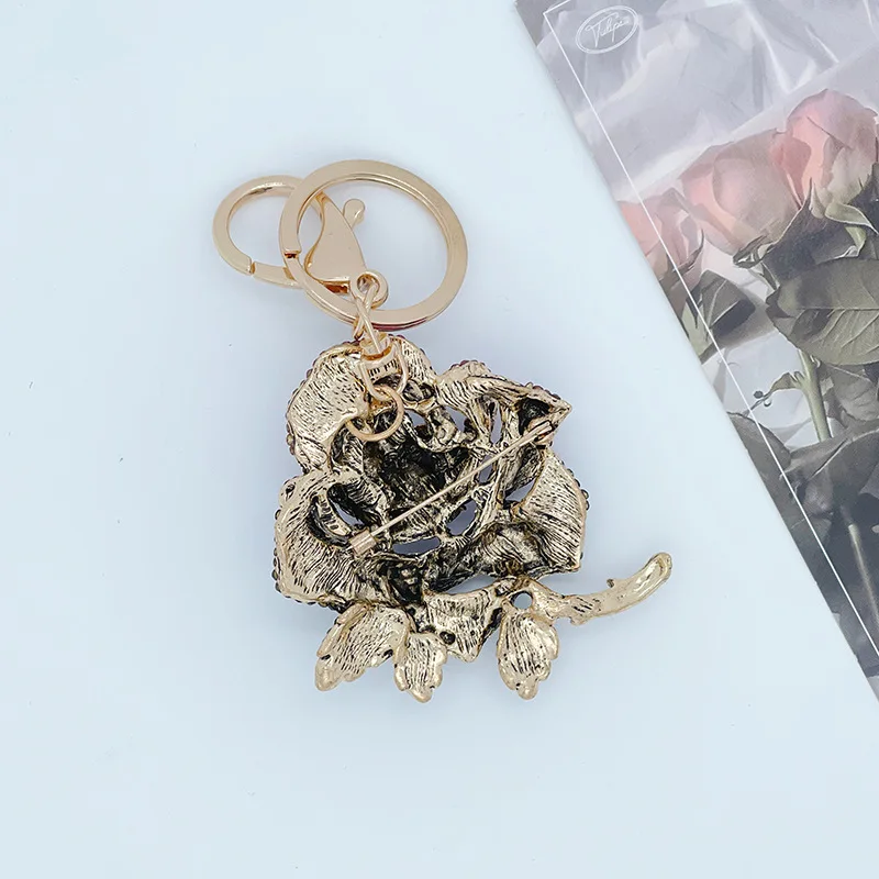 Creative alloy cute rhinestone rose car key ring women\'s bag accessories flower metal pendant small gift