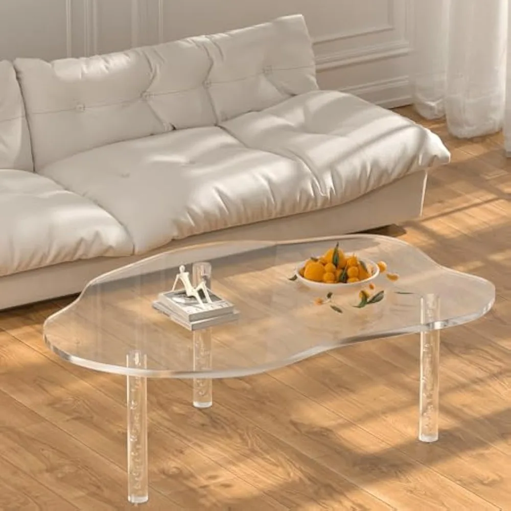 

Acrylic Cloud Shape Coffee Table: 39"x28"x16" Modern Irregular Waterfall Clear Coffee Table Furniture with 3 Solid Bubble Legs f