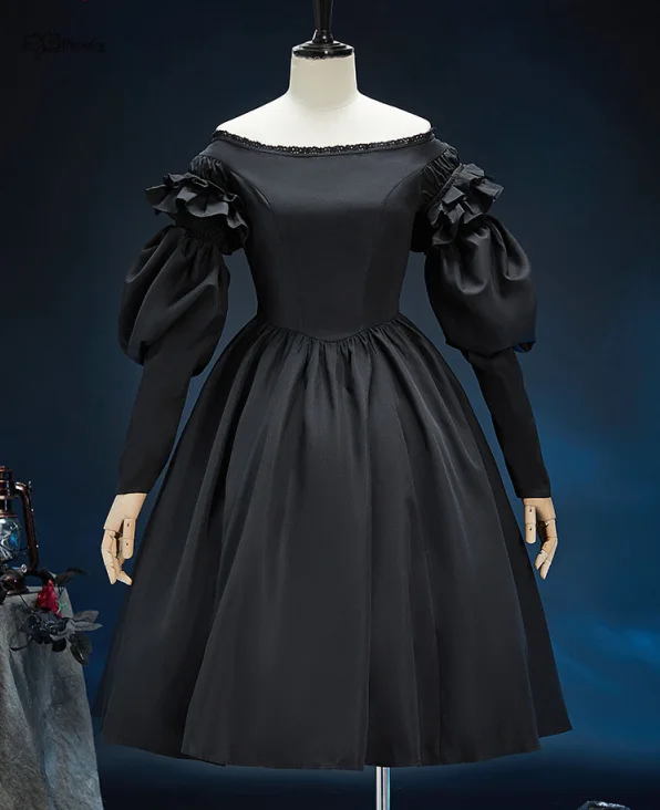 

MEOWCOS Women Gothic Dress A-line Strapless Dark Style Dress with Puffed Sleeves Halloween Costume