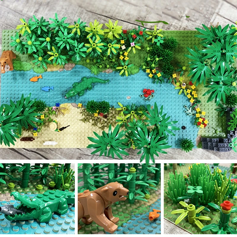 NEW Tropical Rainforest Animal Crocodiles Bear Jungle Tree Accessories Scene Rivers Stands Building Blocks Model Sets Bricks