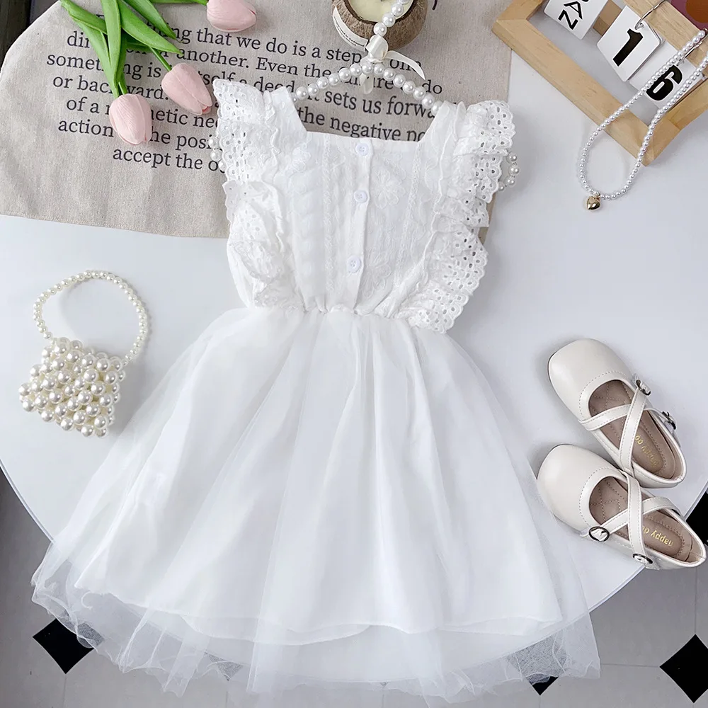 2023 Summer New Arrival Girls Sleeveless Ruffles Mesh White Roupa Infantil Menina Cute Dress Custume 3-7T