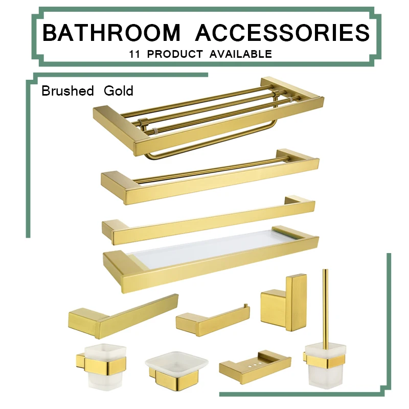 

Brushed Gold SUS304 Double Towel Bar Foldable Towel Rack Robe Hook Storage Rack Soap Dish Toilet Brush / Paper/ Cup Holder