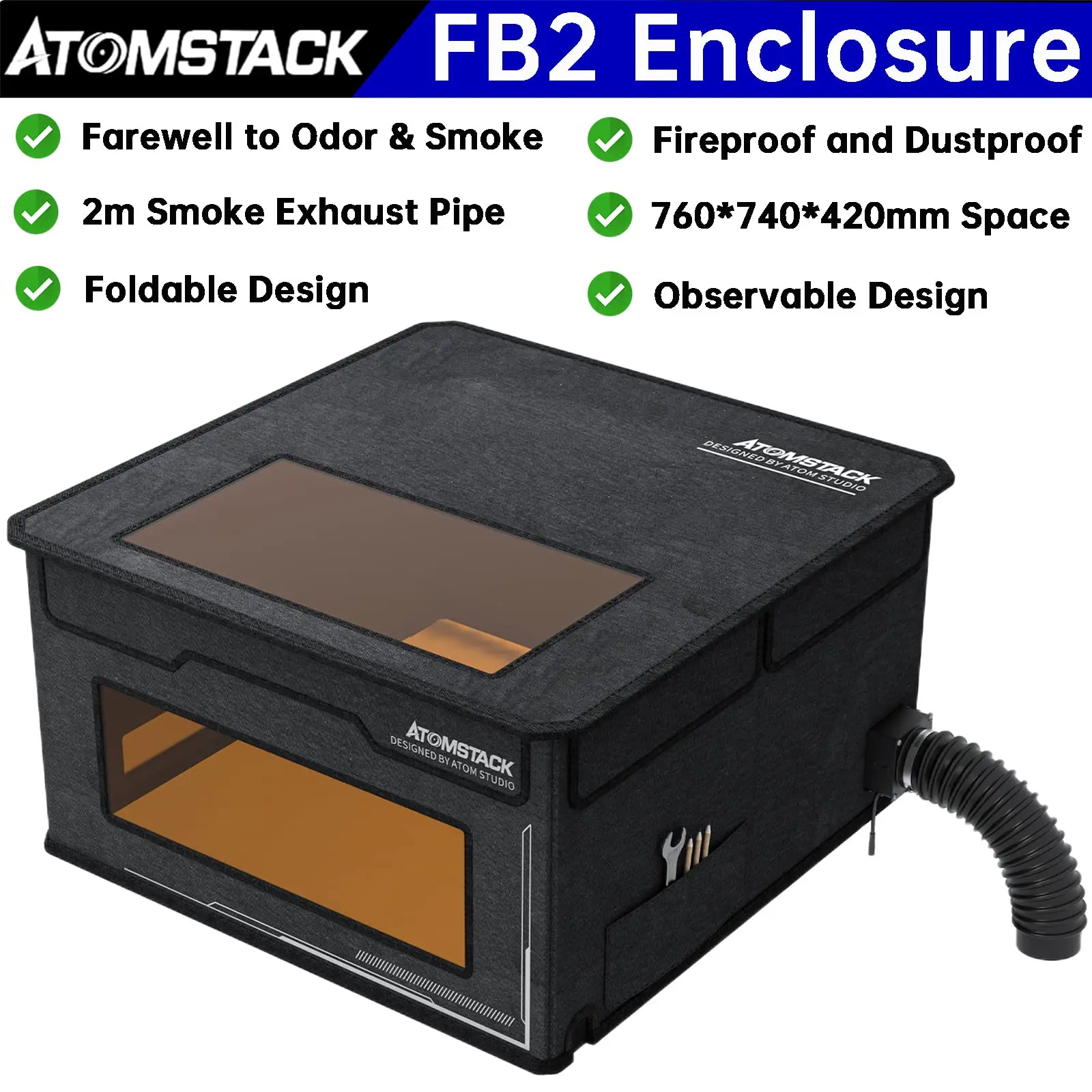 ATOMSTACK FB2 Enclosure For Laser Engraver With 2m Exhaust Pipe Foldable Fireproof Protective Cover Isolating Smoke Odor Dust