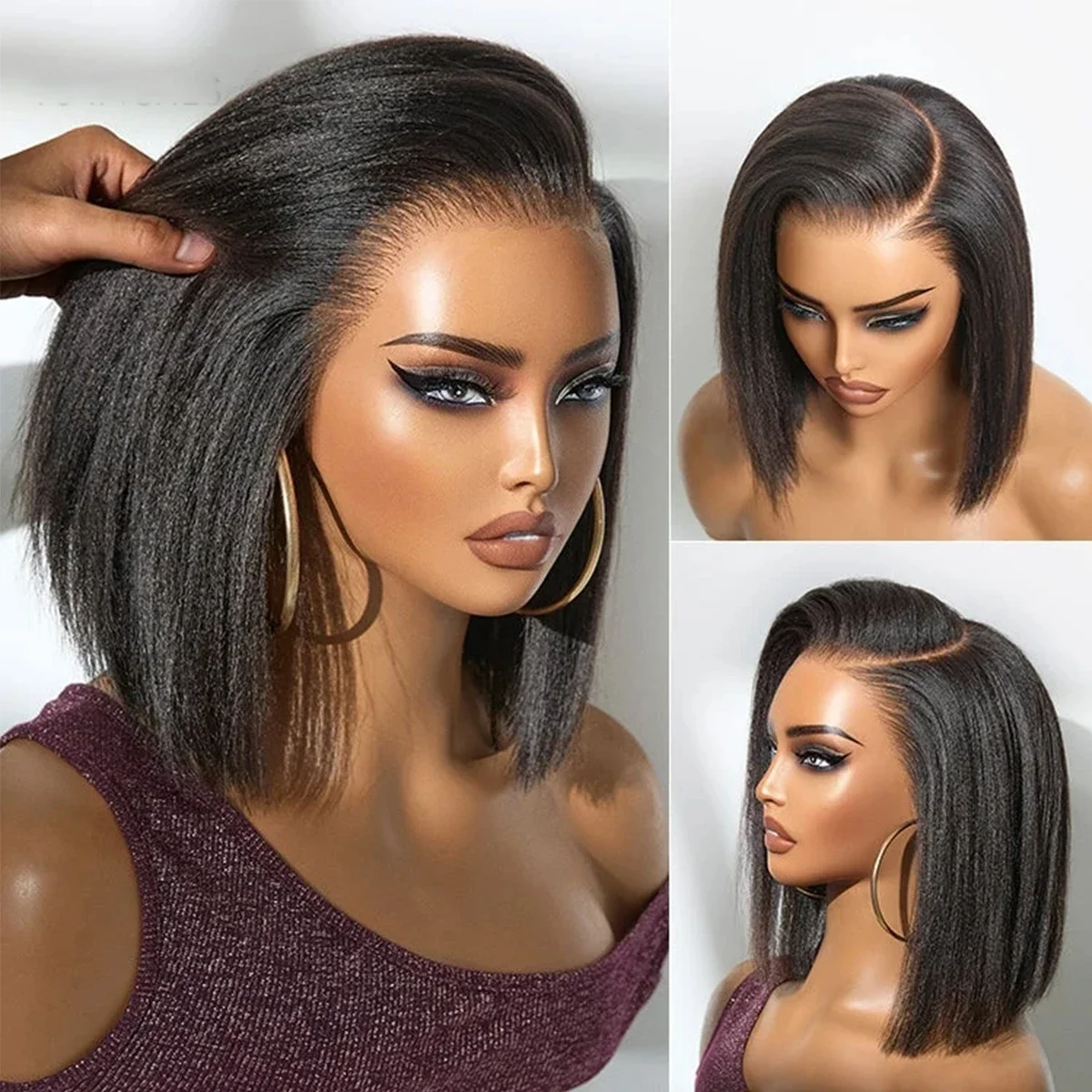 14Inch Soft Black Preplucked Short 180Density Kinky Straight Lace Front Wig Synthetic Dark Brown Blonde Glueless Daily Wear Wig