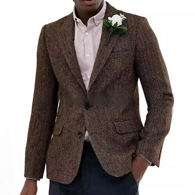 

New Men's Brown ey Herringbone Slim Fit Suit Tailored Men's Busin Casual Faionable Four-Button Notch Lapel Coat