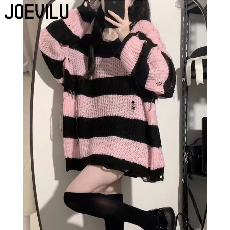 Women's Stripe Knitted Sweater Oversized Long Sleeve Pullover Loose Casual Knit Tops Black Pink Y2K Fall Winter Fashion Outwear