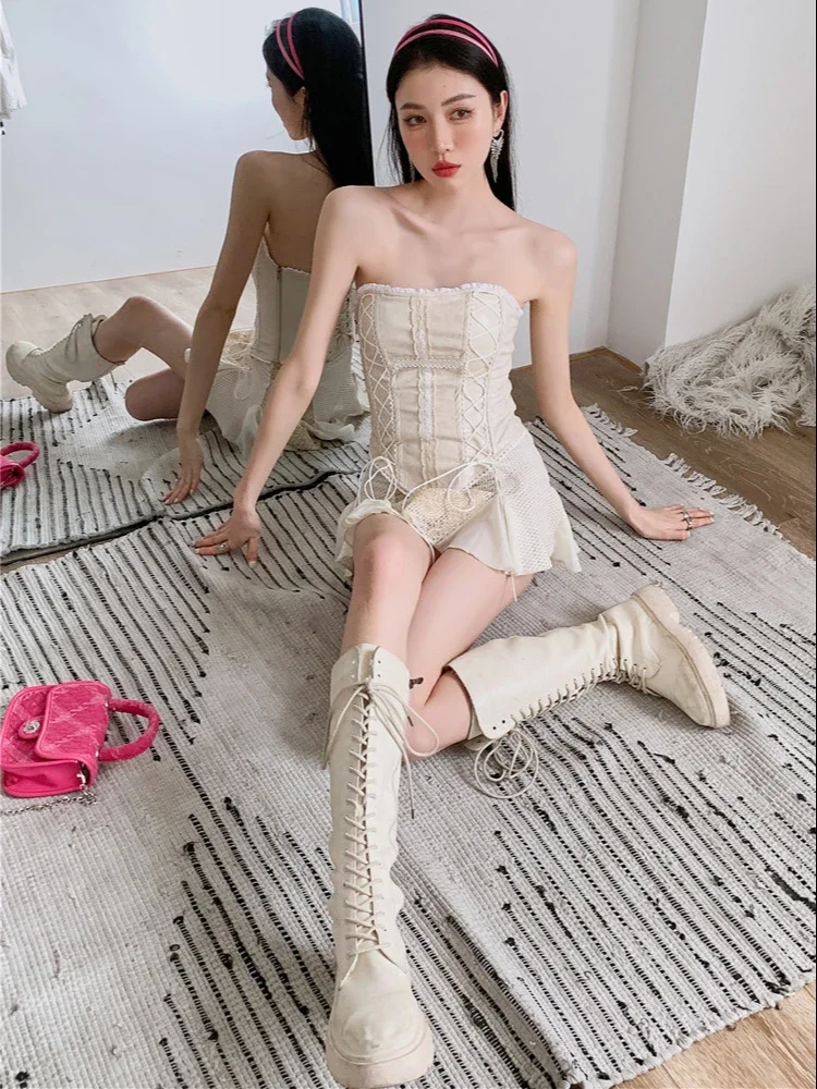 Renaissance 2 Piece Bandage Corset Top Leather Cross Backless Tube Top Beige Bustiers Corsets Summer