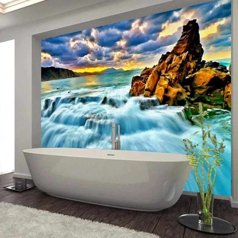 

Custom Self Adhesive Mural Wallpaper 3D Seaside Sea Landscape Wall Sticker Bathroom Kitchen Waterproof PVC Wall Papers