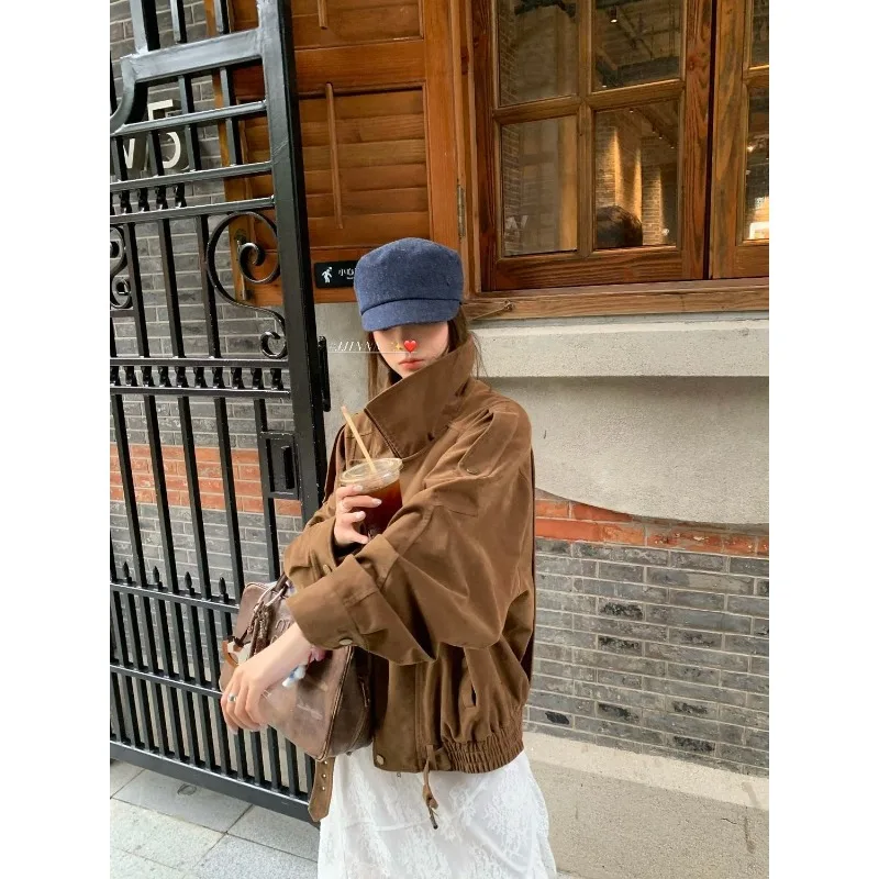 

YYAHAS 2025 осенняя новая модная свободная коричневая куртка Майяра для женщин, замшевое пальто с силуэтом в стиле ретро, женская одежда