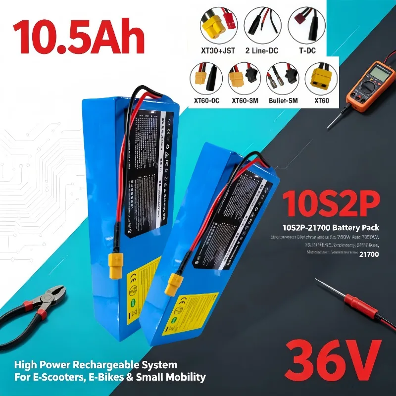 High Discharge 5C 36V 10.5Ah 10S2P 21700 Lithium Pack,750W Power for E Scooter Ebike, with XT60 SYP T JST Terminal