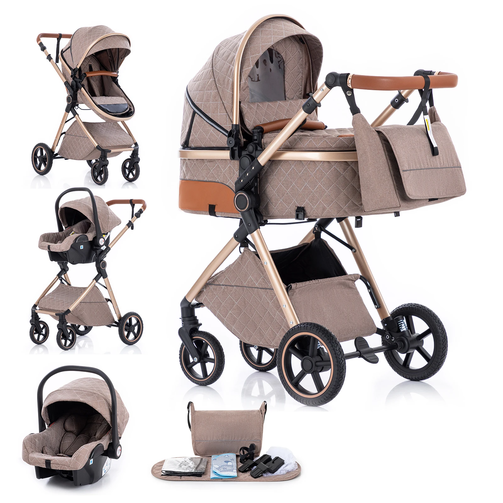 Baby Stroller 3 in 1 Portable Baby Carriage Folding Prams High Landscape Multifunction Pushchair Compact Folding Travel image 3