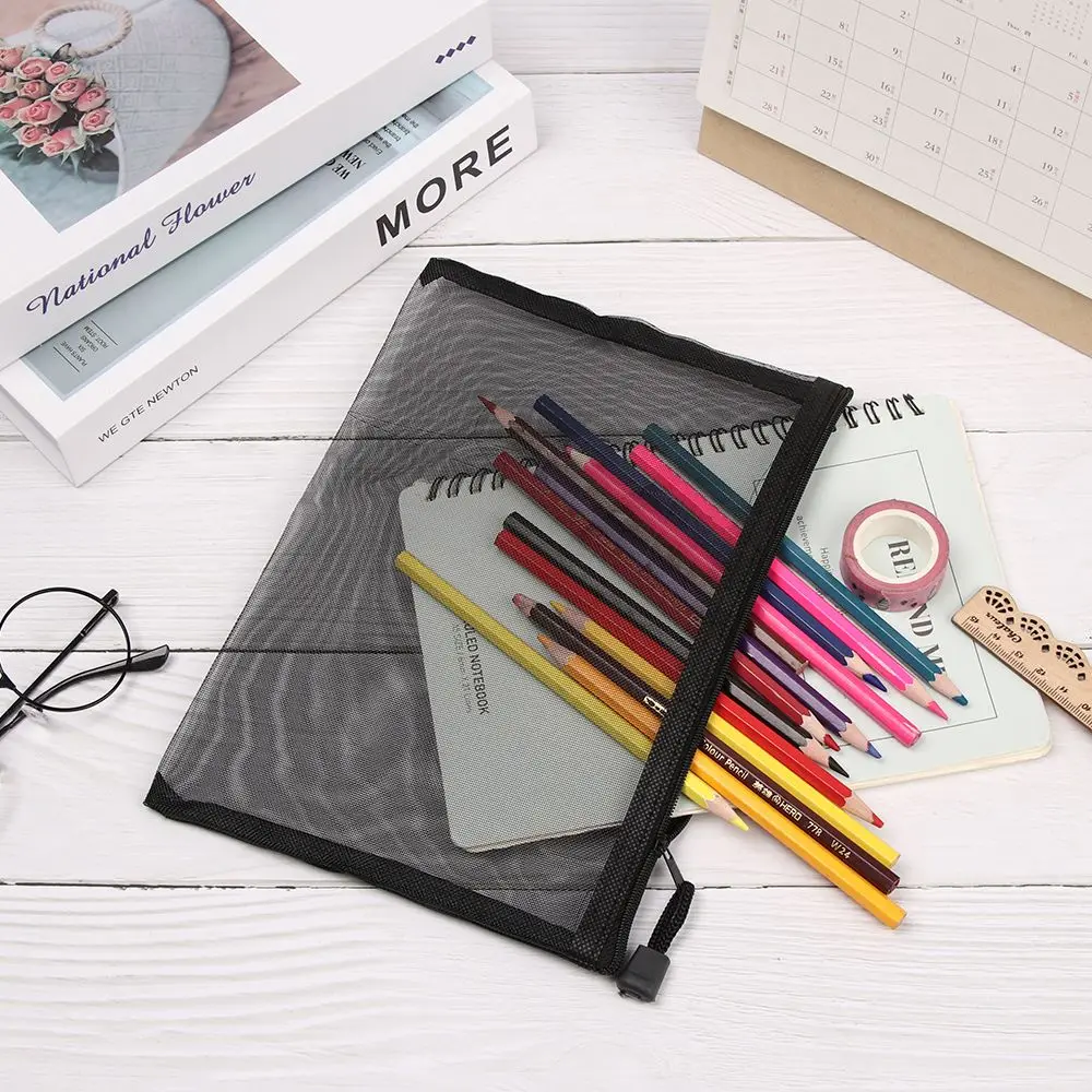1pc Nylon Solid Color Coin Purse Stationery Cosmetic Makeup Cosmetic Storage Zipper Pencil Case Mesh Pen Bag Transparent Grid