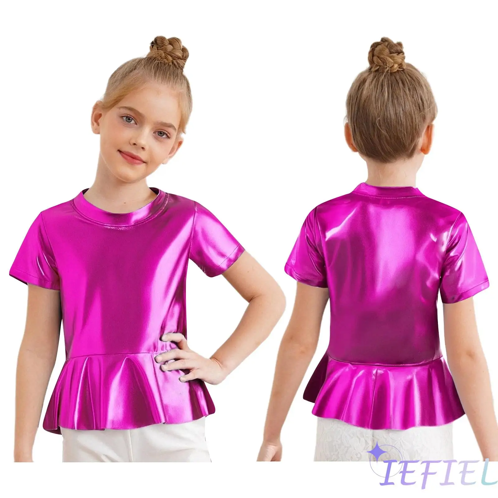 

Kids Girls Cheerleading Jazz Dance Stage Performance Costume Metallic Peplum Top Round Neck Short Sleeves Shiny T-shirt