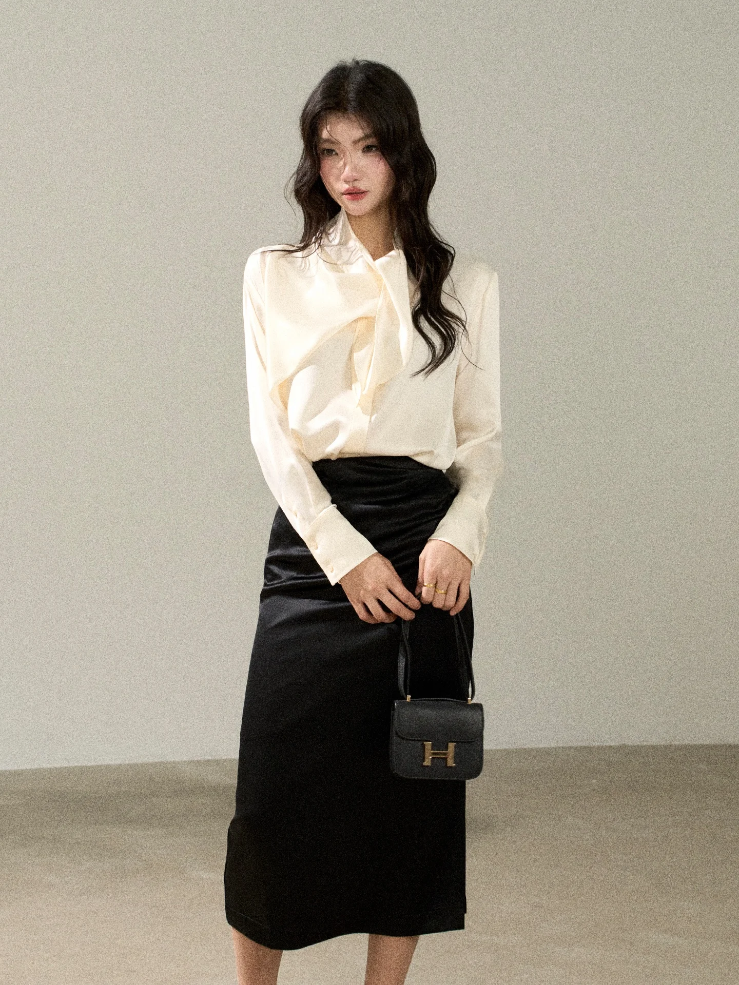 

Flower7 Korean Style Long Sleeve Scarf Collar Shirt Women's No Ironing Commute Shirt Elegant Ladylike Acid Fiber Blend