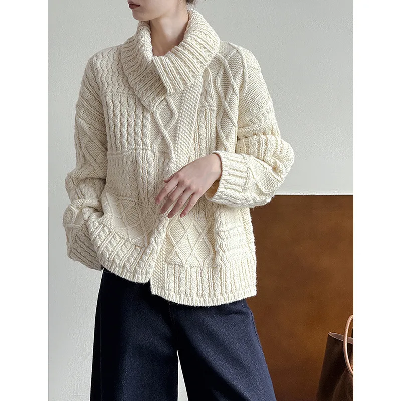 

Зимние 20% шерстяные толстые вязаные кардиганы с отложным воротником, мягкий теплый свободный свитер, пальто