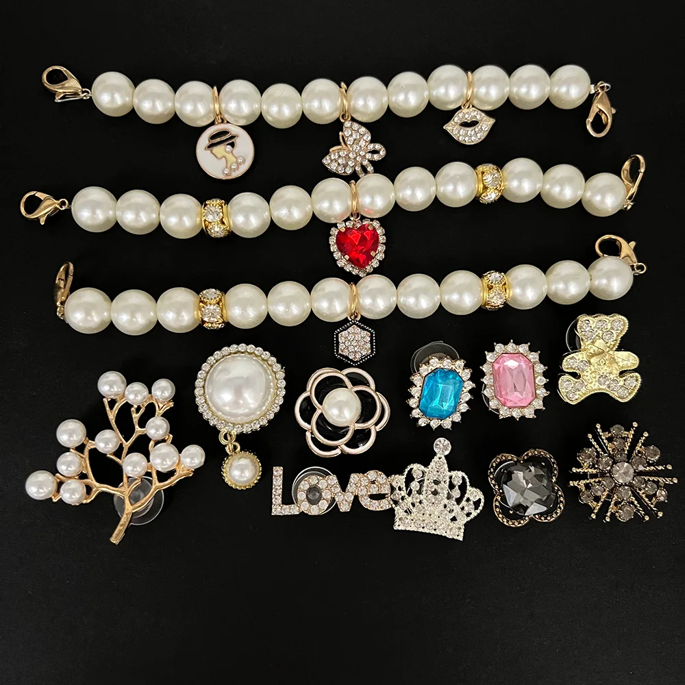 Metal Rhinestone Pearl Chain Flower Bear Crown Shoe Charms for Clogs Sandals Decoration Shoe Buckle for Girls Gif