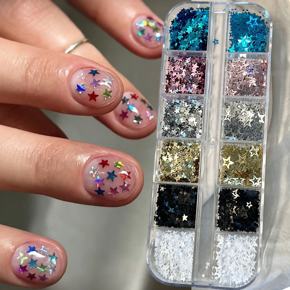 12Grid Macaron Colorful Five Pointed Star Nail Sequins Hollowed-out Pentagram Glitter Nail Paillette Holographic Star Flakes Dec
