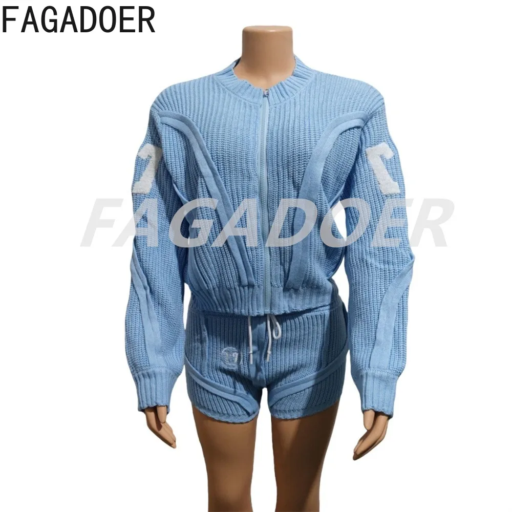 FAGADOER Blue Knitting Two Piece Set For Women Fashion Patchwork Crop Top And Drawstring Waist Shorts Suits Streetwear Autumn