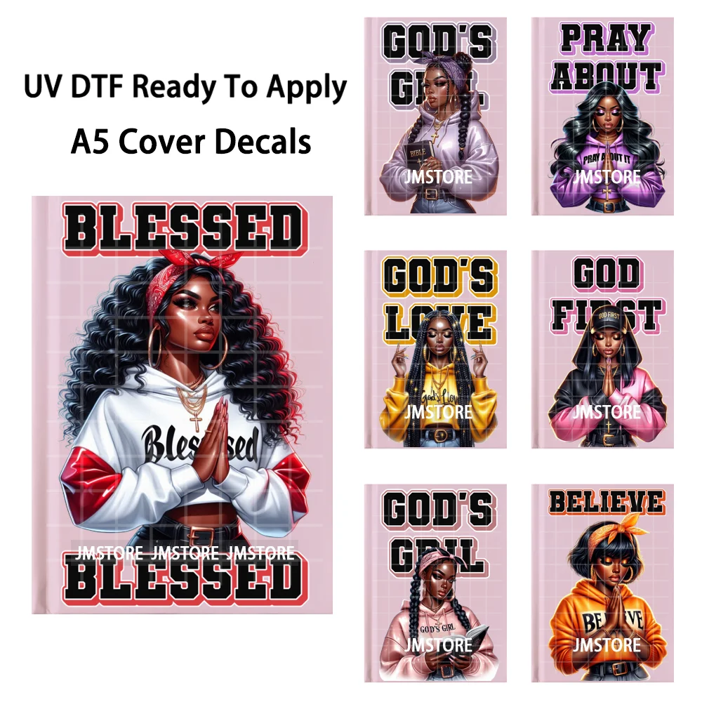 God Christian Melanin Girl A5 Notebook UV DTF Wraps Ready To Apply Waterproof Transfer Stickers Decals For Journal Cover