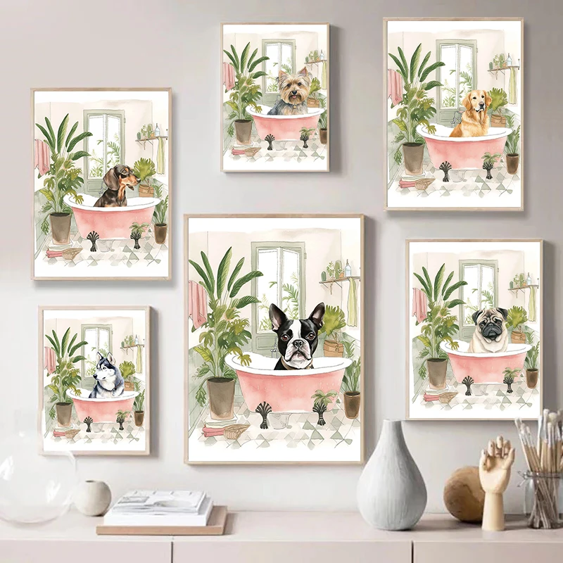 バスルーム用のモダンな抽象的な犬の肖像画,フレンチブルドッグのポスター,バスタブ,壁のキャンバスの絵,家の芸術の装飾