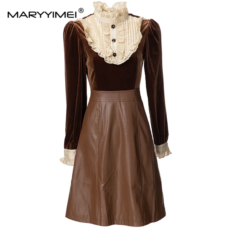 

MARYYIMEI Fashion Designer Spring Women's dress Long sleeved Ruched Ruffles Velvet Patchwork Slim Dresses