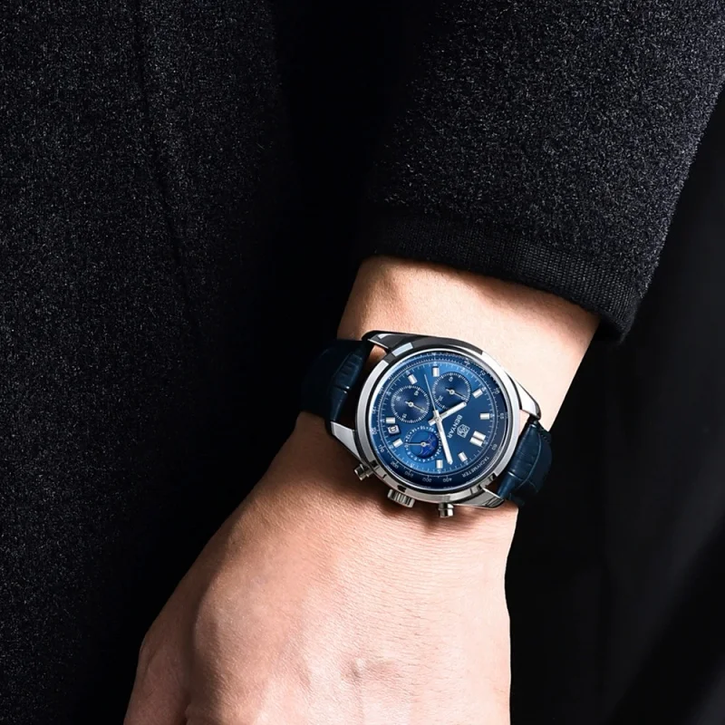BENYAR 5193 Fashion Brand Men Watch 5ATM Waterproof Multi Functional Calendar Moon Phase Quartz Luxury Leather Timing Watches