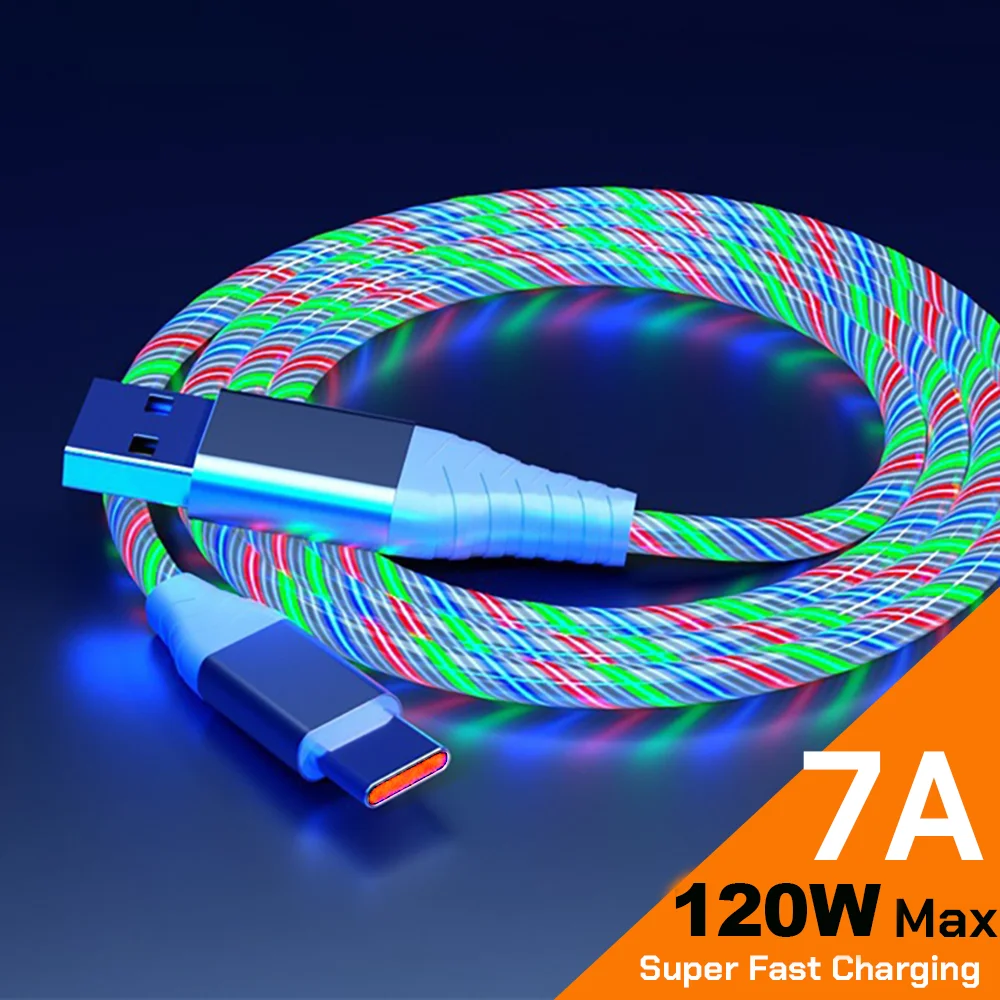 MVQF  New 120W 7A Flow Luminous USB Type C Cable for Huawei P50 Honor  Fast Charging USB C Charger Data Cable for Xiaomi Samsung