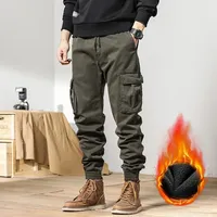 New Winter Cargo Pants Men Multi-Pockets Drawstring Fleece Liner Thick Warm Overalls Joggers Casual Cotton Thermal Trousers