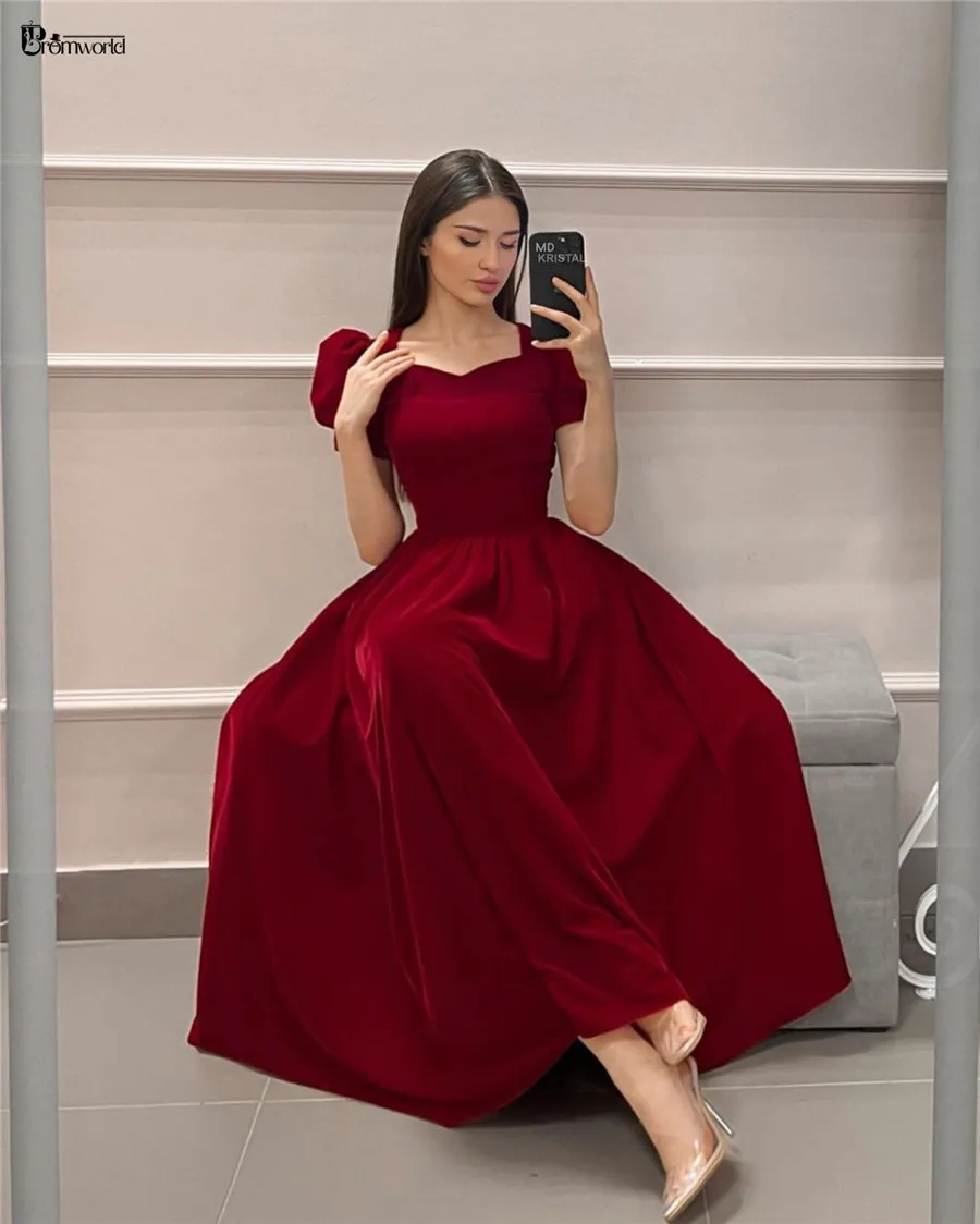 

Elegant Burgundy Arabic Evening Dress 2024 A-Line Simple Prom Gowns Short Puff Sleeves Velvet Dubai Formal Dress فساتين السهرة