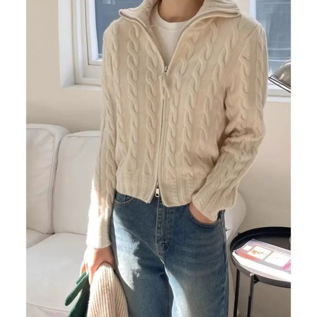 

Spring Autumn Women's Turtleneck Sweater Coat Knitted Cardigan Thickened Outer Wear Gentle Style with Zipper Linen Pattern