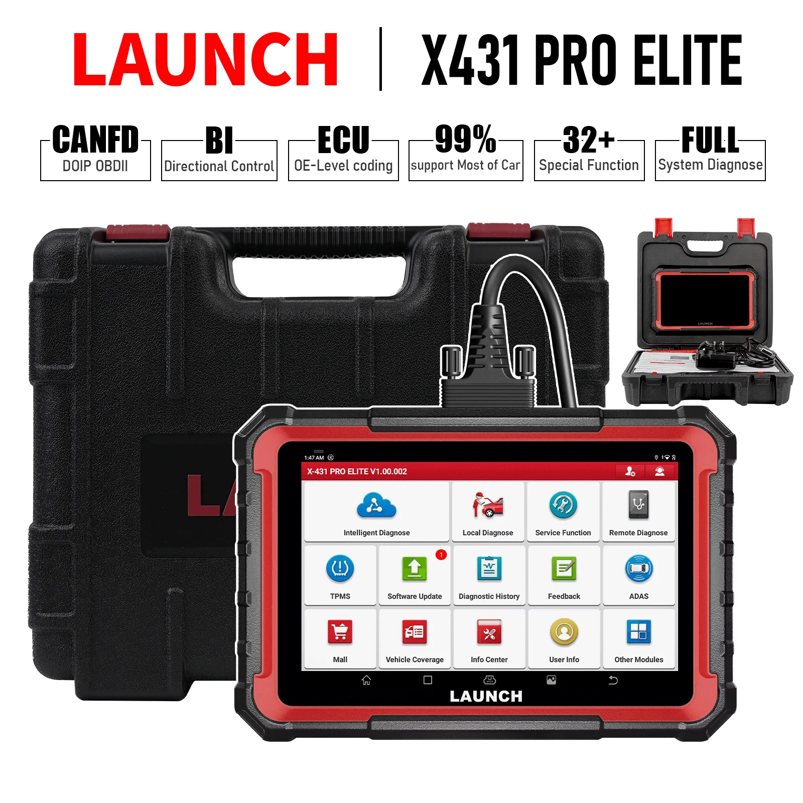 Диагностический сканер LAUNCH X431 PRO ELITE для автомобилей: полная система, CANFD, DOIP, кодирование ЭБУ, двунаправленное управление, FCA SGW, 31+ функций сброса, OBD2