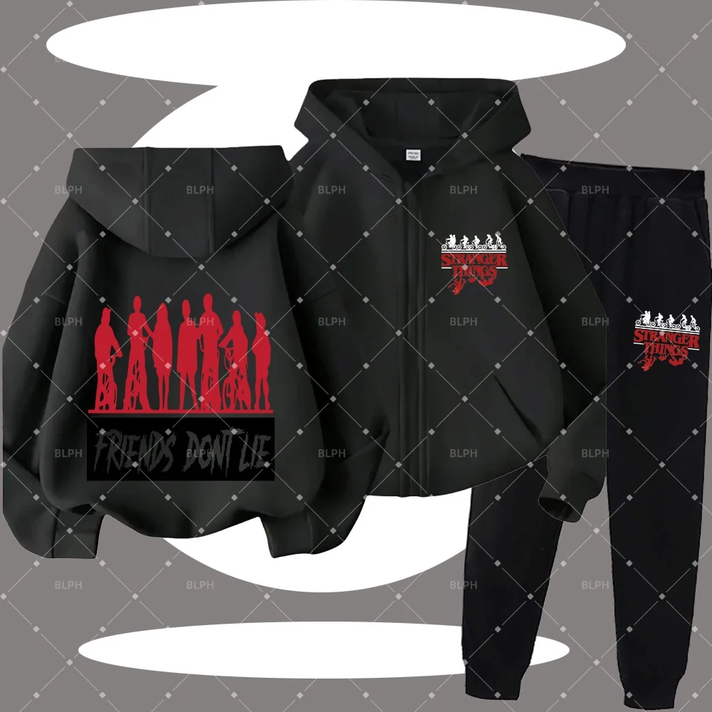 

Детский комплект худи на молнии с силуэтным принтом "Friends Don't Lie", стильная и удобная верхняя одежда для мальчиков и девочек, идеальный вариант.