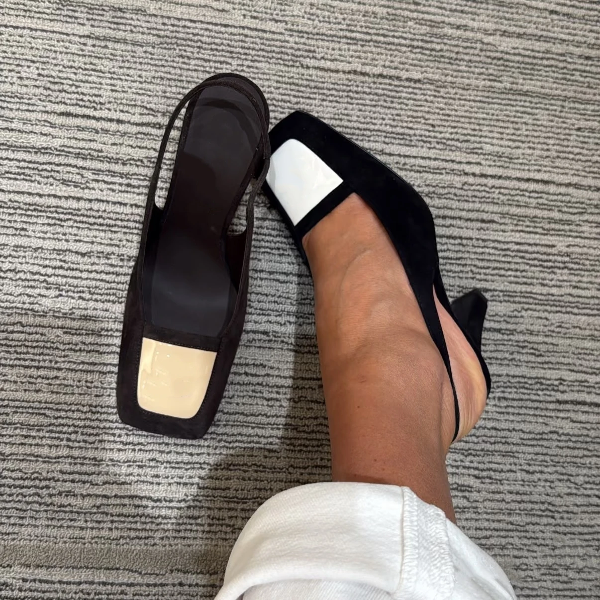 2026 New Style Elegant French Square-toe Sandals Black Suede Back Strap Thick Sole High Heels Fashion Mixed Color Women's Pumps