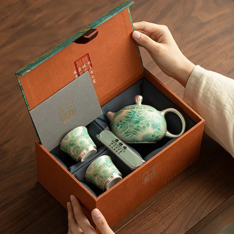 Jingdezhen Handmade Gilt Silver Mutton Fat Jade Xishi Pot Teapot Teacup One Pot Two Cups Gongfu Tools Tea Set Holiday Gift Box