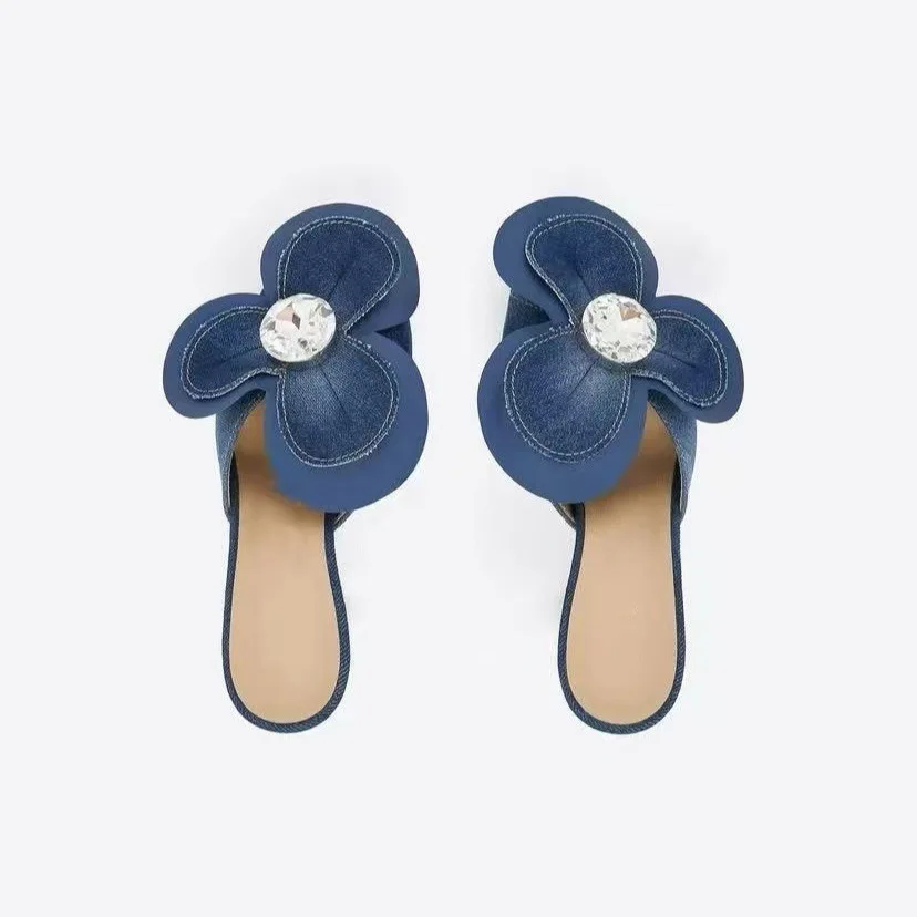 

Sexy Flower Rhinestone High Heels Women Catwalk Street Shooting Slim Denim Slippers Platform Thick Heeled Square Toe Sandals