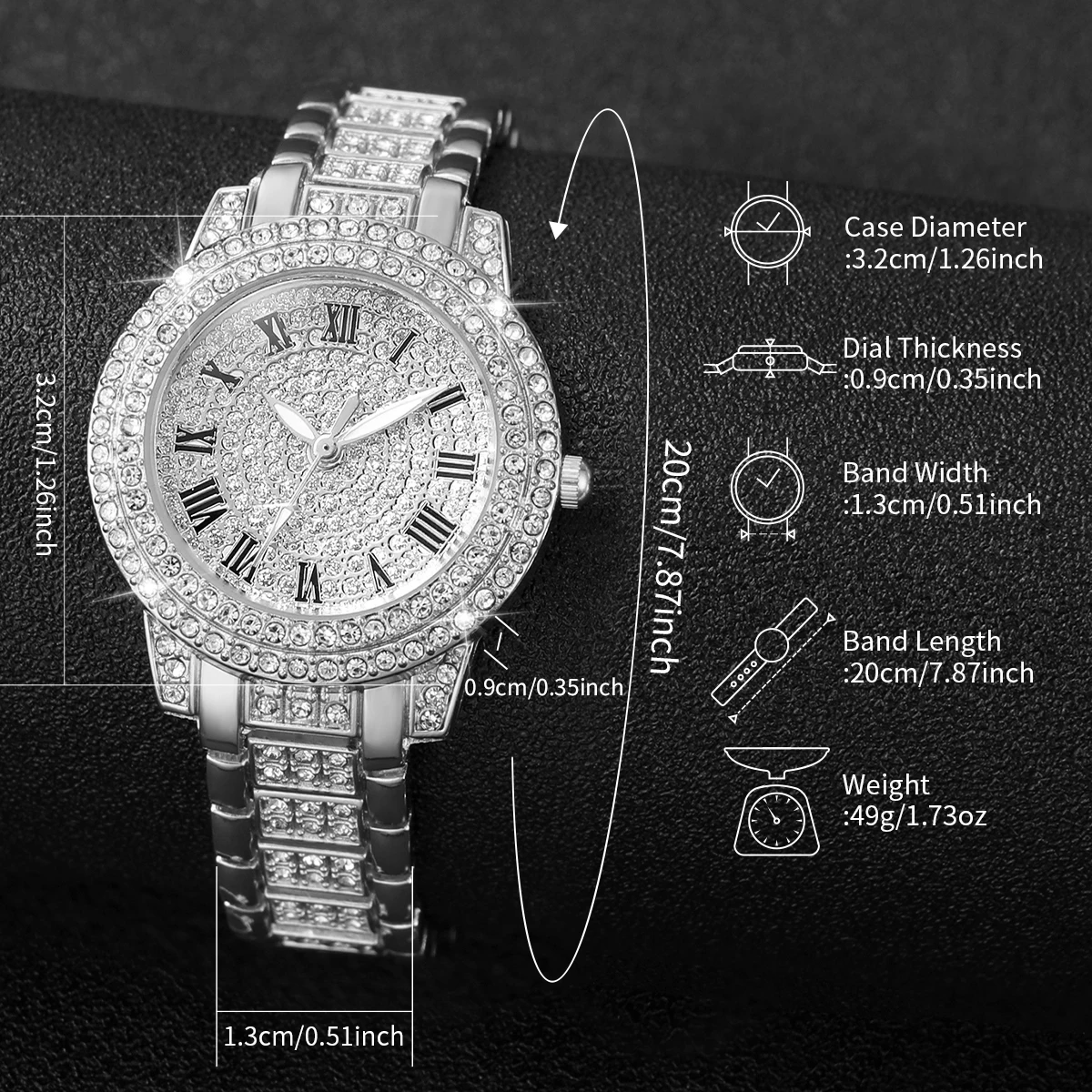 4PCS/Set Women\'s Steel Band Watches Fashion Full Diamond Roma Dial Quartz Watch Bracelets Set（Without Box）