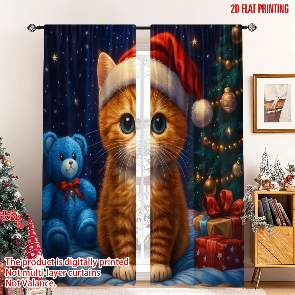 

2pcs 2D flat printing Merry Christmas Window Drapes Cute Kitten Christmas Bed Polyester Fabric Without Electricity Holiday