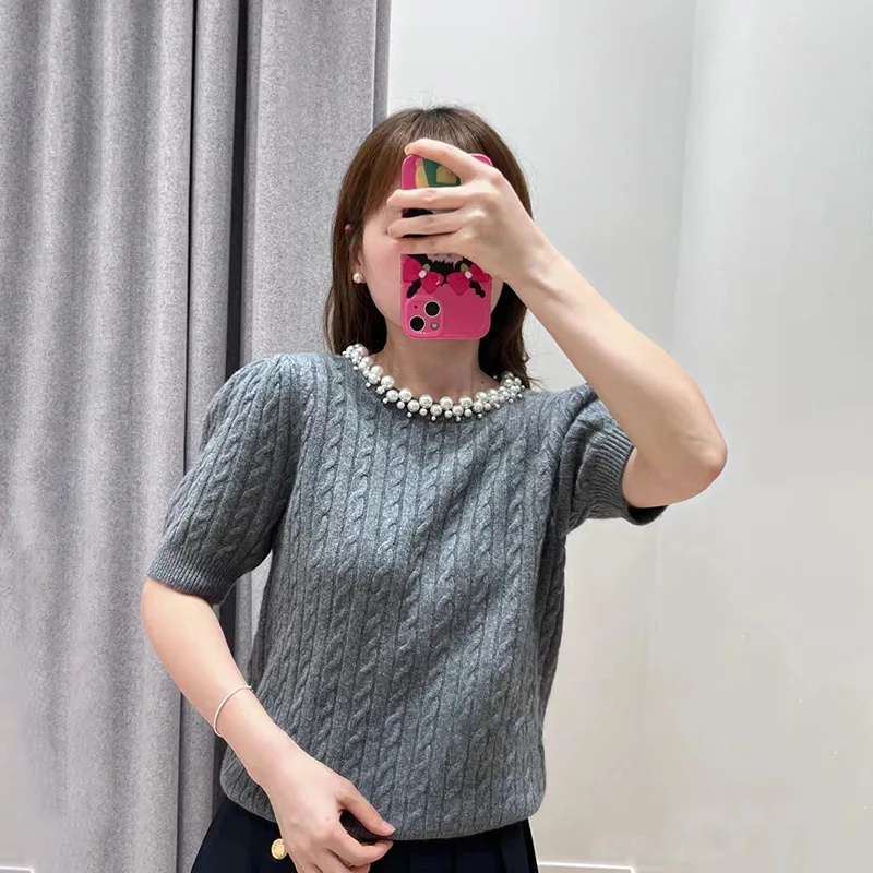 

Pearl embellished collar Fried Dough Twists short sleeve pullover waistband short knitwear French niche autumn winter 2024